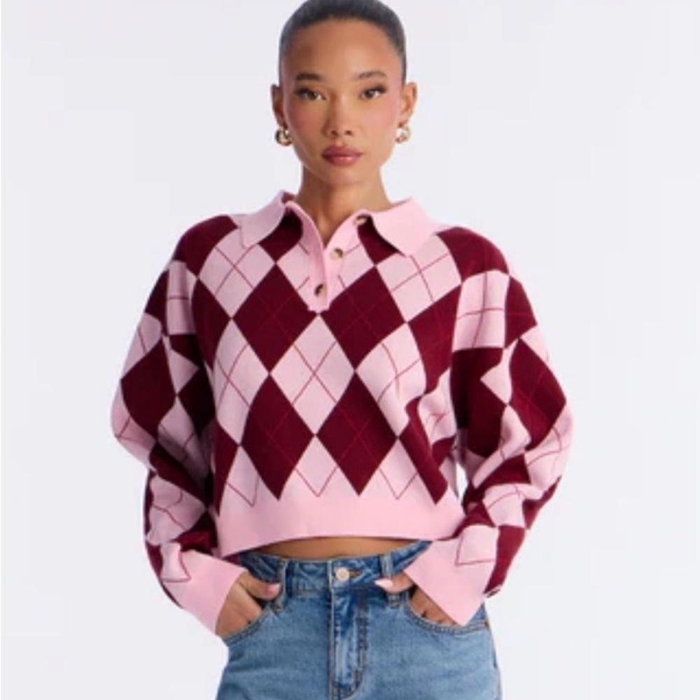 Fashion Nova Pink Combo Argyle Polo Sweater